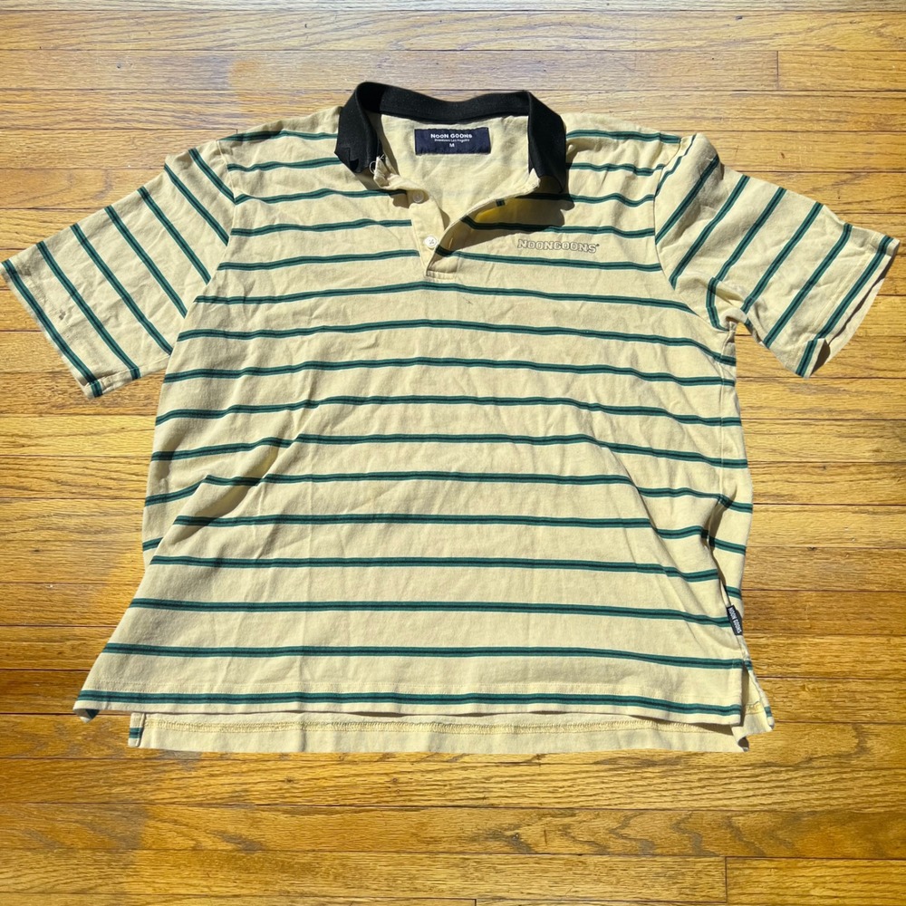 Noon Goons Mens Striped Polo Shirt Yellow Green Black Collar Size M